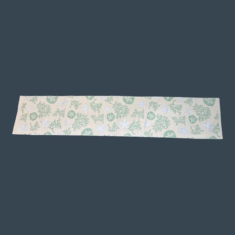 Nautical Sea Life Starfish Sand Dollar Coral Table Runner 14” X 72” Green Beige